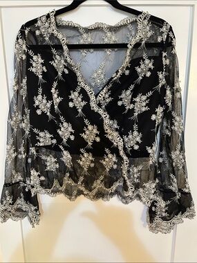 Victoria Royal Ltd Black Sheer Lace Wrap Blouse with Silver Floral Embroidery